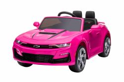 Auto elettrica per bambini Chevrolet Camaro, rosa, con licenza originale, alimentata a batteria da 12 V, porte apribili, Seduta in finta pelle, motore 2x 35 W, luci a LED, telecomando da 2,4 Ghz, ruote in EVA morbide, avviamento regolare
