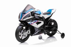 Moto elettrica BMW HP4 RACE 12V, con licenza, bianca, batteria 12V, ruote morbide EVA, motori 2 x 35W, sospensioni, telaio in metallo, forcella in metallo, ruote ausiliarie