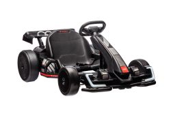 Drift Kart con licenza AUDI 24V, nero, luci LED, motore 2 x 150W, modalità Drift con velocità di 12 Km/h, batteria da 24V, solida struttura in acciaio, sedile regolabile, lettore MP3