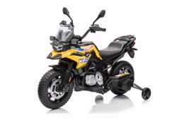 Motocicletta elettrica BMW F850 GS, con licenza, batteria 12V, ruote morbide EVA, motori 2 x 35W, luci LED, ruote ausiliarie, lettore MP3 con ingresso USB/Aux, giallo