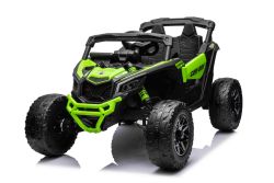 Auto elettrica per bambini Can-am Maverick monoposto con trazione 4X4, Verde, sospensioni indipendenti, telecomando da 2,4 Ghz, motori 4 x 35 W, ruote EVA, sedile in pelle, lettore MP3 con ingresso USB/AUX, con licenza