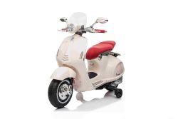 Scooter elettrico cavalcabile Vespa 946 con retromarcia, bianco, omologato, ruote ausiliarie, 2 batterie da 6 V, 2 motori da 30 W, sedile in pelle, lettore MP3 con ingresso USB