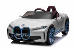 Auto elettrica BMW i4, bianco, telecomando 2,4 GHz, USB / AUX / Bluetooth, sospensione ruota posteriore, batteria 12V, luci LED, motore 2 X 25W, licenza ORIGINALE