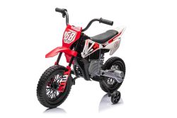 Moto elettrica per bambini MOTOCROSS, Rosso, batteria 12V, ruote morbide EVA, sedile in pelle, motore 2 x 25 W, sospensioni, telaio in metallo, lettore MP3 con Bluetooth, ruote ausiliarie