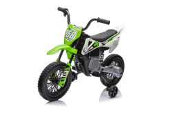 MOTOCROSS elettrico a bordo, Verde, batteria 12V, ruote morbide EVA, sedile in pelle, motore 2 x 25 W, sospensioni, telaio in metallo, lettore MP3 con Bluetooth, ruote ausiliarie