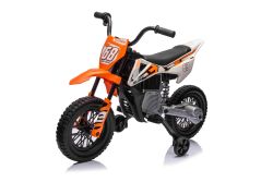 MOTOCROSS elettrico a bordo, arancione, batteria 12V, ruote morbide EVA, sedile in pelle, motore 2 x 25 W, sospensioni, telaio in metallo, lettore MP3 con Bluetooth, ruote ausiliarie