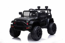 Auto elettrica per bambini OFFROAD con trazione posteriore, nera, batteria 12V, telaio alto, sedile largo, assi sospesi, telecomando 2,4 GHz, lettore MP3 con ingresso USB, luci a LED
