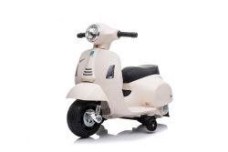 Scooter elettrico per bambini Vespa GTS, bianco, con ruote ausiliarie, omologato, batteria 6V, sedile in pelle, motore 30W