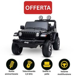 Auto elettrica per bambini Wrangler JEEP, nero, Sedile doppio in similpelle, radio con ingresso Bluetooth e USB, unità 4x4, Batteria al litio, ruote EVA, assi di sospensione, telecomando da 2,4 GHz, con licenza