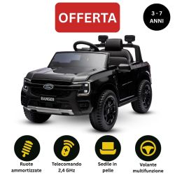 Macchina elettrica per bambini FORD Ranger 12V, nero, sedile in pelle, telecomando 2,4 GHz, ingresso Bluetooth/USB, sospensione, batteria 12V, ruote in plastica, 2 motori da 30 W, licenza ORIGINALE