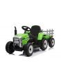 Trattore elettrico WORKERS con rimorchio, verde, trazione posteriore, batteria 12V, ruote in Plastica, ampio sedile in Plastica, telecomando 2.4 GHz, lettore MP3 con ingresso USB, luci LED