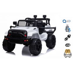 Auto elettrica OFFROAD con trazione posteriore, bianca, batteria 12V, telaio alto, sedile largo, assi sospesi, telecomando 2,4 GHz, lettore MP3 con ingresso USB, luci a LED