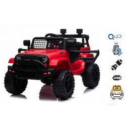 Auto elettrica OFFROAD con trazione posteriore, rossa, batteria 12V, telaio alto, sedile largo, assi sospesi, telecomando 2,4 GHz, lettore MP3 con ingresso USB, luci a LED
