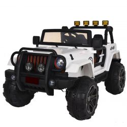 Veicolo elettrico per uomo OFFROAD XXL 4x4, bianco, batteria 12V, telaio alto, doppio sedile in similpelle, ruote in Eva, asse sospeso, telecomando 2,4 GHz, lettore MP3 con ingresso USB/SD, luci LED