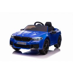 Auto elettrica BMW M5, blu, con licenza originale, alimentata a batteria 24V, porte apribili,  telecomando da 2,4 Ghz, ruote in EVA morbida, luci a LED, avvio graduale, lettore MP3 con ingresso USB