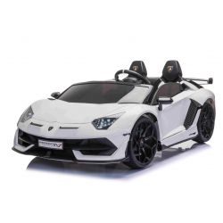 Macchina Elettrica per Bambini 12V Lamborghini Aventador per due utenti, bianco, porte ad apertura verticale, motore 2 x 12V, batteria 12V, telecomando da 2,4 Ghz, ruote in EVA morbide, sospensioni, avvio graduale, lettore MP3 con USB, licenza originale