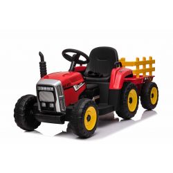 Trattore elettrico LAVORATORI con rimorchio, rosso, trazione posteriore, batteria 12V, ruote in Plastica, ampio sedile in Plastica, telecomando 2.4 GHz, lettore MP3 con ingresso USB, luci LED