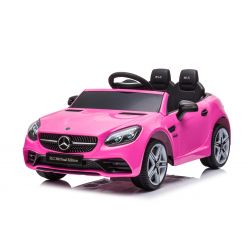 Auto elettrica Mercedes-Benz SLC 12V, rosa, sedile in similpelle, telecomando 2.4 GHz, ingresso USB/AUX, sospensione posteriore, luci LED, ruote in EVA morbida, MOTORE 2 X 30W, licenza ORIGINALE