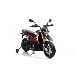 Moto elettrica APRILIA DORSODURO 900, con licenza, batteria 12V, ruote morbide EVA, 2 motori da 18W, sospensioni, telaio in metallo, forcella in metallo, ruote ausiliarie, nero