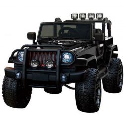Auto elettrica per uomo OFFROAD XXL 4x4, nera, batteria 12V, telaio alto, doppio sedile in similpelle, ruote in Eva, asse sospeso, telecomando 2,4 GHz, lettore MP3 con ingresso USB/SD, luci LED