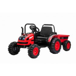 Trattore elettrico POWER con rimorchio, rosso, trazione posteriore, batteria 12V, ruote in plastica, sedile largo, telecomando 2.4 GHz, lettore MP3 con USB,  luci LED