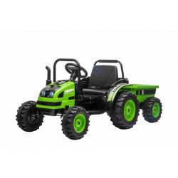 Trattore elettrico POWER con rimorchio, verde, trazione posteriore, batteria 12V, ruote in plastica, sedile largo, telecomando 2.4 GHz, lettore MP3 con USB,  luci LED