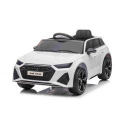 Auto elettrica Audi RS6, Bianco, Sedile in pelle, Sportelli apribili, Motore 2x 25W, Batteria 12 V, Telecomando 2,4 Ghz, Ruote EVA morbide, Luci LED, Avviamento graduale, Ammortizzatori, Licenza ORIGINALE