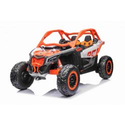Auto elettrica Can-am Maverick, arancione, biposto, sospensione anteriore e posteriore, telecomando da 2,4 Ghz, batteria portatile, motori 4 x 35 W, ruote EVA, sedile conducente regolabile, lettore MP3 con ingresso USB/SD, con licenza