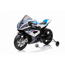Moto elettrica BMW HP4 RACE 12V, con licenza, bianca, batteria 12V, ruote morbide EVA, motori 2 x 35W, sospensioni, telaio in metallo, forcella in metallo, ruote ausiliarie