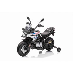 Motocicletta elettrica BMW F850 GS, con licenza, batteria 12V, ruote morbide EVA, motori 2 x 35W, luci LED, ruote ausiliarie, lettore MP3 con ingresso USB/Aux, bianco