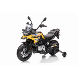 Motocicletta elettrica BMW F850 GS, con licenza, batteria 12V, ruote morbide EVA, motori 2 x 35W, luci LED, ruote ausiliarie, lettore MP3 con ingresso USB/Aux, giallo