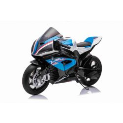 Moto elettrica BMW HP4 RACE 12V, con licenza, blu, batteria 12V, ruote morbide EVA, motori 2 x 35W, sospensioni, telaio in metallo, forcella in metallo, ruote ausiliarie