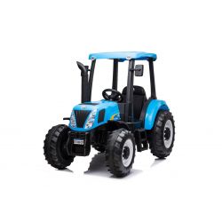 Trattore elettrico NEW HOLLAND-T7 12V, blu, monoposto, sedile in pelle, lettore MP3 con ingresso USB, trazione posteriore, motore 2x 35 W, ruote in EVA, telecomando da 2,4 GHz, licenza originale
