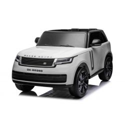 Auto elettrica Range Rover modello 2023, due posti, bianco, sedili in similpelle, radio con ingresso USB, trazione posteriore con sospensioni, batteria 12V7AH, ruote EVA, avviamento a chiave, telecomando da 2,4 GHz, con licenza