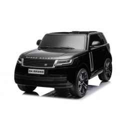 Auto elettrica Range Rover modello 2023, due posti, nera, sedili in similpelle, radio con ingresso USB, trazione posteriore con sospensioni, batteria 12V7AH, ruote EVA, avviamento a chiave, telecomando da 2,4 GHz, con licenza