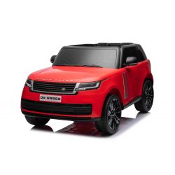 Auto elettrica Range Rover modello 2023, due posti, rosso, sedili in similpelle, radio con ingresso USB, trazione posteriore con sospensioni, batteria 12V7AH, ruote EVA, avviamento a chiave, telecomando da 2,4 GHz, con licenza