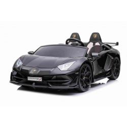 Auto elettrica 24V Lamborghini Aventador per due utenti, vernice nera, lettore MP4, Seduta in similpelle, porte ad apertura verticale, motore 2 x 45W, batteria 24V, RC da 2,4 Ghz, ruote in EVA morbide, sospensioni, avvio graduale,