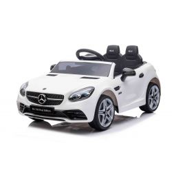 Auto elettrica Mercedes-Benz SLC 12V, bianca, Sedile in similpelle, Telecomando 2.4 GHz, Ingresso USB/AUX, Sospensione posteriore, Luci LED, Ruote Soft EVA, MOTORE 2 X 30W, Licenza ORIGINALE