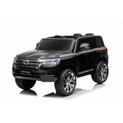 Automobile elettrica Toyota Landcruiser 12V, NERA, sedile in similpelle, batteria 12V/7AH, sportelli apribili, motore 2 x 35W, telecomando 2.4 Ghz, ruote in EVA morbida, sospensione, avviamento graduale, lettore MP3 con ingresso USB/AUX, licenza