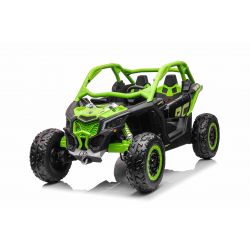 Auto elettrica Can-am Maverick, verde, biposto, sospensione anteriore e posteriore, telecomando da 2,4 Ghz, batteria portatile, motori 4 x 35 W, ruote EVA, sedile conducente regolabile, lettore MP3 con ingresso USB/SD, con licenza