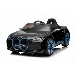 Auto elettrica BMW i4, nera, telecomando 2,4 GHz, USB / AUX / Bluetooth, sospensione ruota posteriore, batteria 12V, luci LED, motore 2 X 25W, licenza ORIGINALE