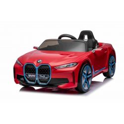 Auto elettrica BMW i4, rosso, telecomando 2,4 GHz, USB / AUX / Bluetooth, sospensione ruota posteriore, batteria 12V, luci LED, motore 2 X 25W, licenza ORIGINALE