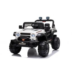 Auto elettrica All Ride con trazione posteriore, bianca, batteria 12V, telaio alto, sedile largo, sospensione sull'asse posteriore, telecomando 2,4 GHz, lettore MP3 con USB, luci LED