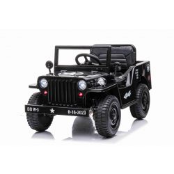 Macchina elettrica USA ARMY piccola, nera, trazione posteriore, posto singolo, lettore MP3 con ingresso USB / AUX, vano portaoggetti posteriore e anteriore, luci a LED, batteria 12V7AH, ruote in plastica, sedili in plastica, telecomando da 2,4 GHz