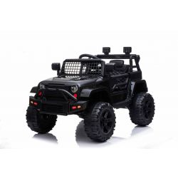 Auto elettrica OFFROAD con trazione posteriore, nera, batteria 12V, telaio alto, sedile largo, assi sospesi, telecomando 2,4 GHz, lettore MP3 con ingresso USB, luci a LED