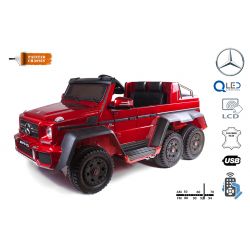 Auto elettrica per bambini Mercedes-Benz G63 6X6, schermo LCD, luci di fondo, 2,4 Ghz, 12V/14AH, batteria estraibile, 4 X MOTORE, telecomando, sedile in similpelle, ruote EVA, radio FM, servomotore, due pedali, verniciata rossa, monoplaza
