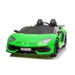Auto elettrica 24V Lamborghini Aventador per due utenti, vernice verde, lettore MP4, sedili in similpelle, porte ad apertura verticale, motore 2 x 45W, batteria 24V, RC da 2,4 Ghz, ruote poco illuminate, ruote in EVA morbide, sospensioni, soft