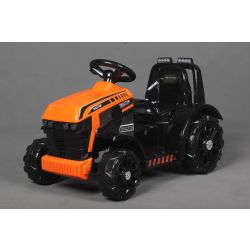 Trattore elettrico FARMER, arancione, trazione posteriore, batteria 6V, ruote in plastica, sedile largo, motore 20W, monoposto, comandi al volante, luci LED