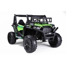 Macchinina Elettrica per Bambini UTV 24V, Verde, biposto in similpelle, Telecomando 2.4Ghz, Motori 2 X 200 W, Freno elettrico, Luci LED, Ruote in EVA morbide con sospensioni, Lettore MP3 con USB / AUX