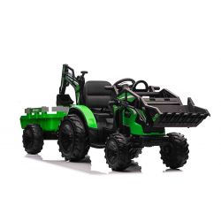 Trattore elettrico TOP-WORKER 12V con siviere e rimorchio, Monoposto, verde, Telecomando a 2,4 Ghz, morbido sedile PU, Lettore MP3 con ingresso USB, Trazione posteriore, Motore 2 x 45W, Ruote EVA, Batteria 12V/10Ah